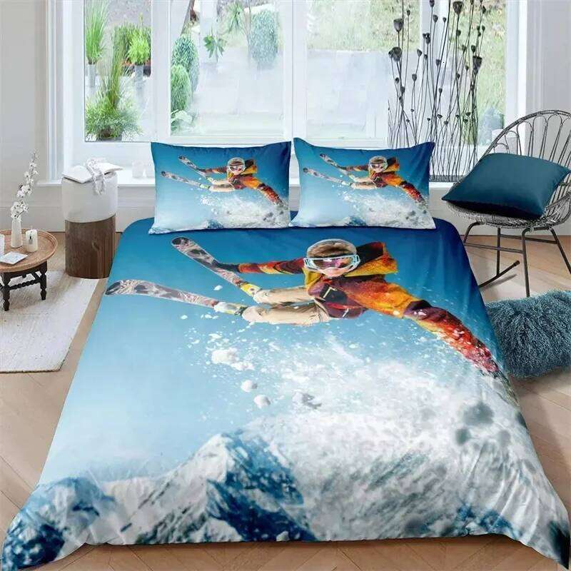 Skiing Sports Duvet Queen Size For Kid Teen Winter Sport Ski Theme Comforter Cover Set Microfiber Snow Mountain Landscape XJ260206