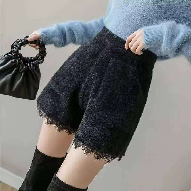 2025 Elastic High Waist Plush Autumn Winter Artificial Mink Wool Women Femme Casual Ladies Shorts Black Boots Pant XJ260206