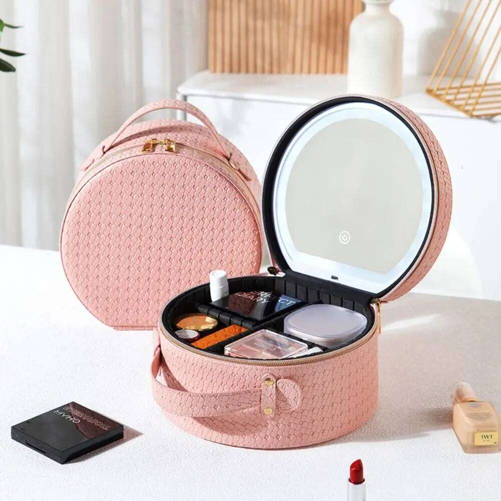Portable Case Lights Adjustable Dividers PU Leather LED Makeup Bag with Mirror Zipper Closure Large Capacity Y260206