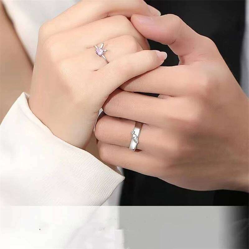New Sweet Cute Rabbit Carrot Couples Rings White/Pink Crystal Bunny Silver Color Adjustable Open Lovers Ring For Women Gift W260206