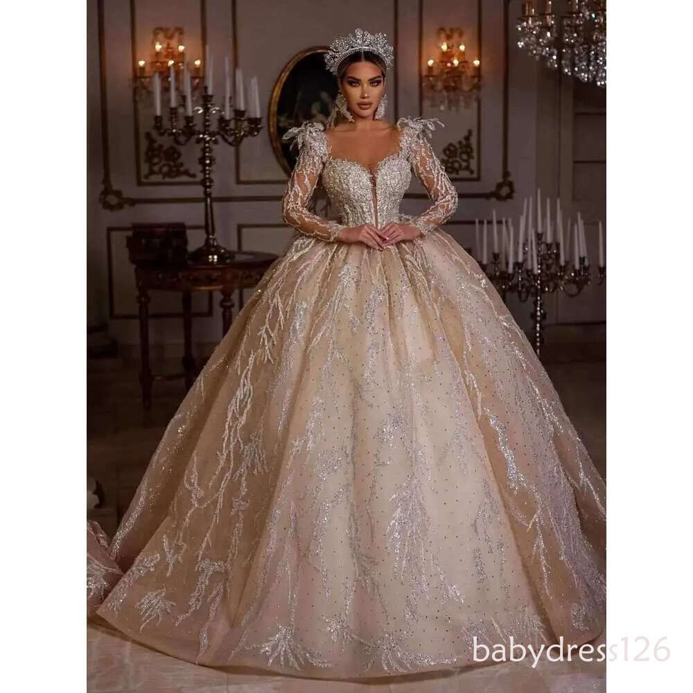 Gorgeous Wedding Dress Ball Gown Crystal Sequined Ruched Long Sleeve or-Length Princess Bride Vestido De Noiva Custom Made