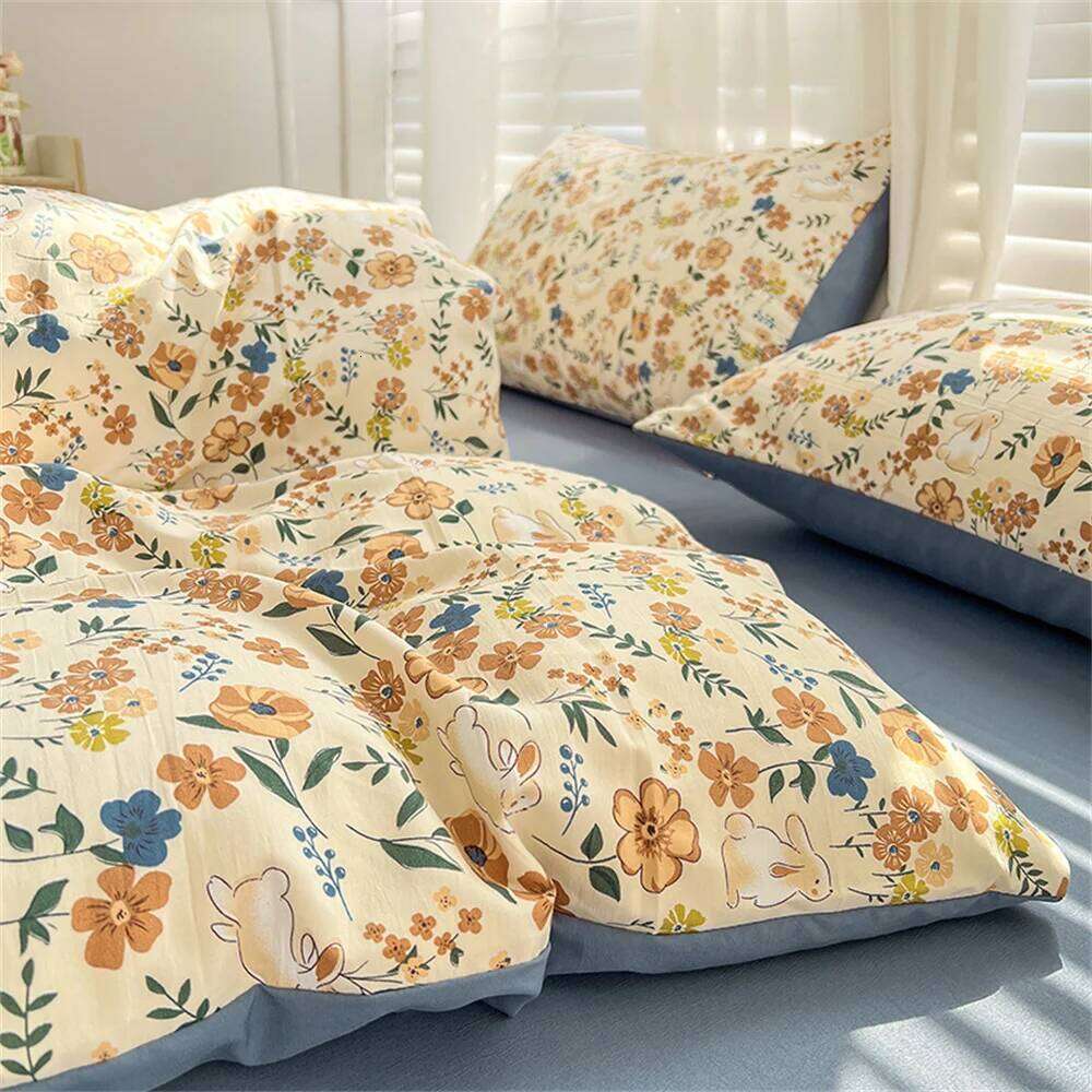 Four-piece Bedding Set Simple Duvet Cover Plant Flower Bed Sheet Adults and Kids Washed Cotton Pillowcase Home Textiles XJ260206