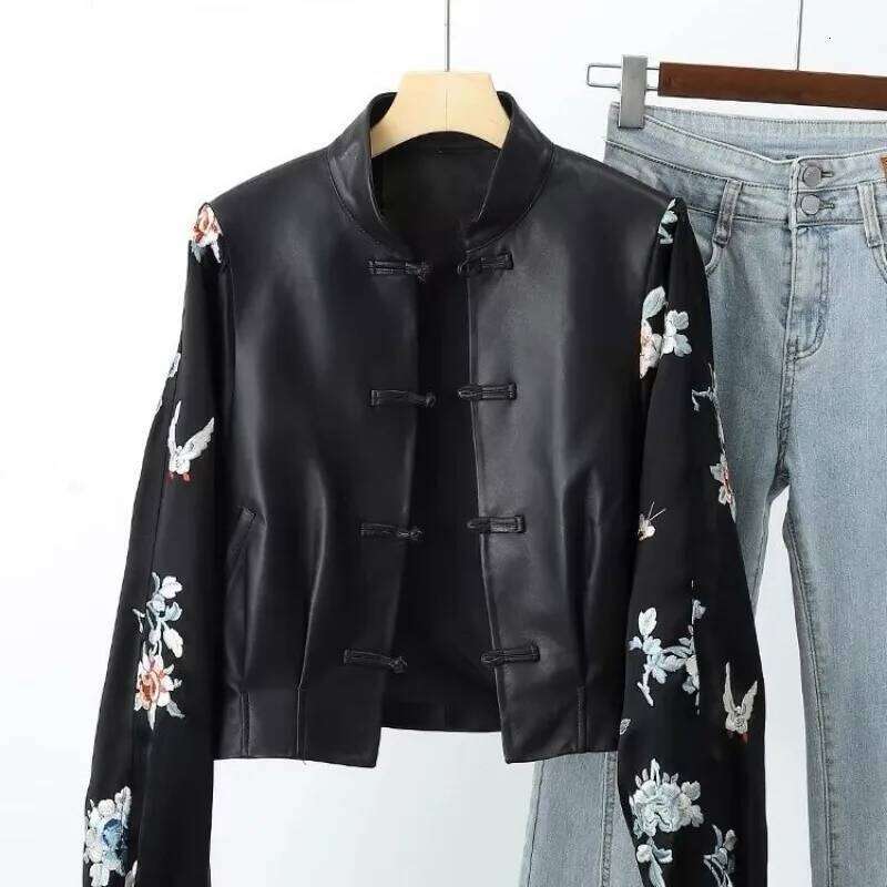 Embroidery Patchwork Jacket Women's Spring Autumn PU Leather Coat Long Sleeves Button Design Outerwear