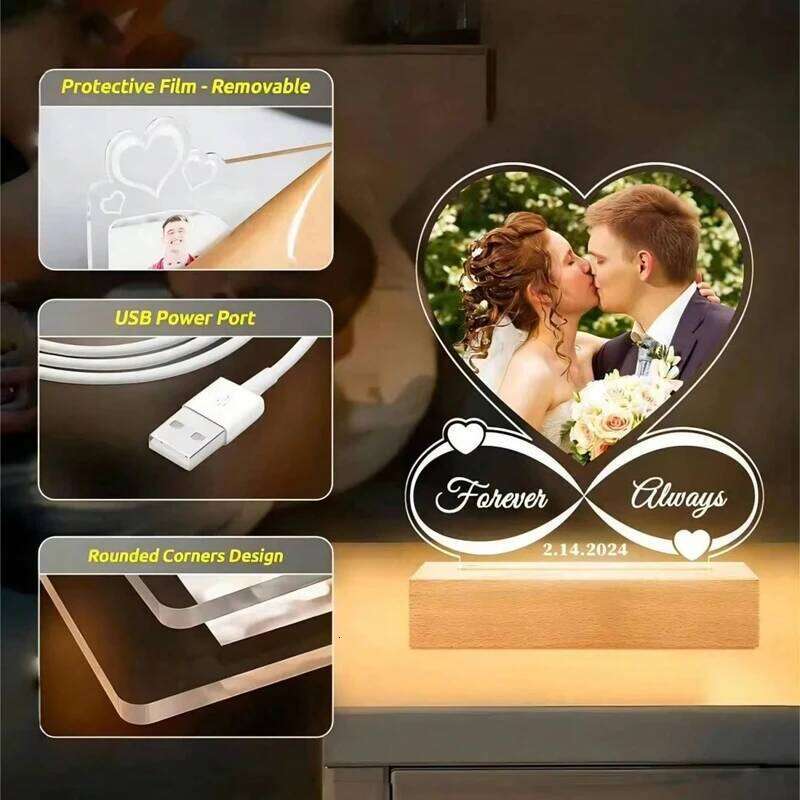 Creative Custom Acrylic Heart-shaped Photo Frame Desktop Small Table Lamp Personalized Valentine's Day Anniversary Couples Gift S260205