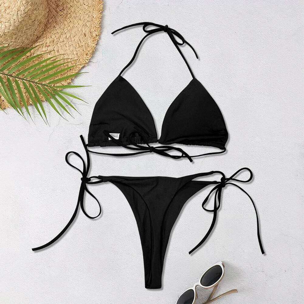 2025 New Women's Solid-color Separate Beach Wear Sexy Halter Three-point Bikini Backless Adjustable Lace-up Swimsuit Z260206