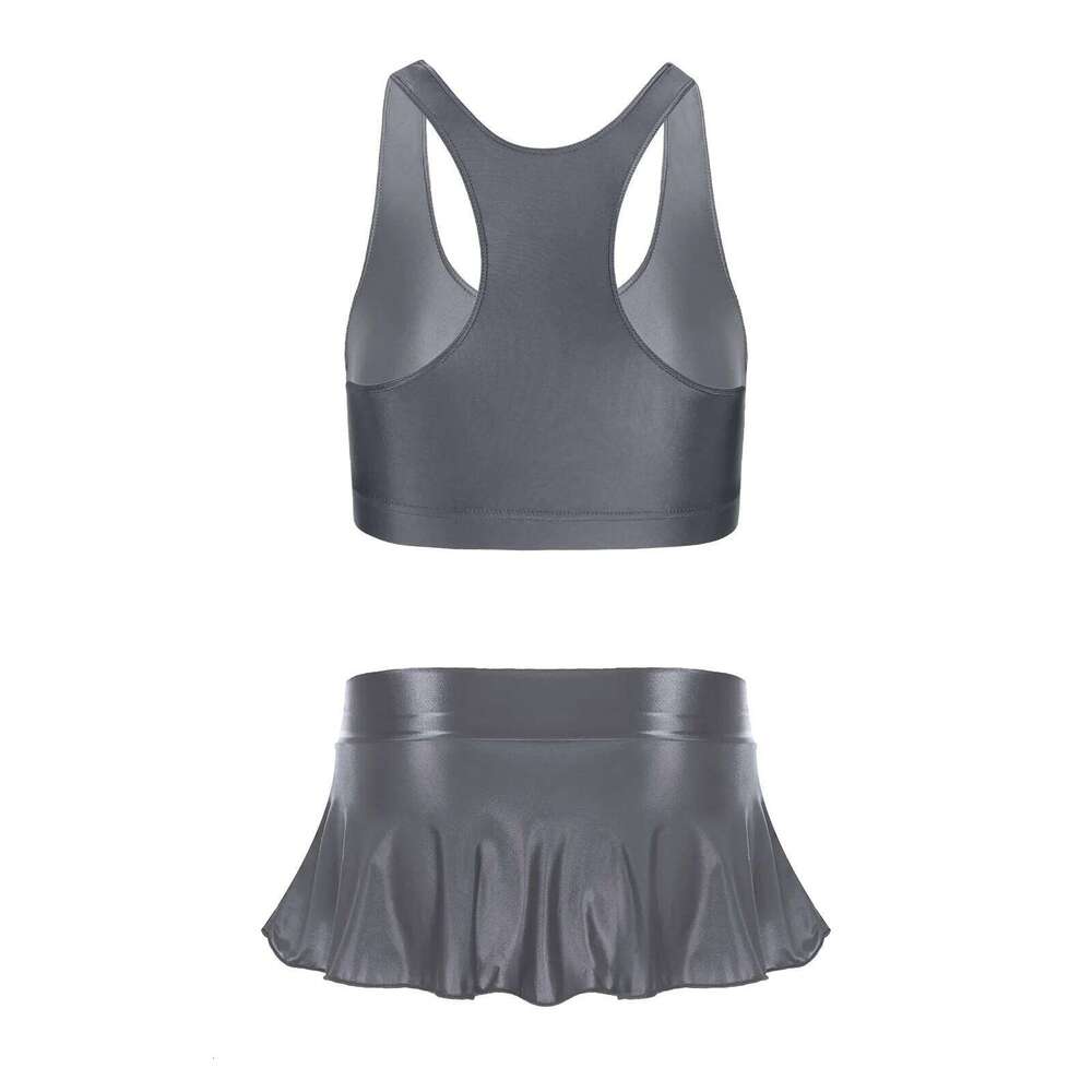 Womens Bikini Swimsuit Glossy U Neck Tank Tops Solid Color Swimwear Crop Top Vest Ruffled Skirt Miniskirt Gym Yoga Fitness XJ260206