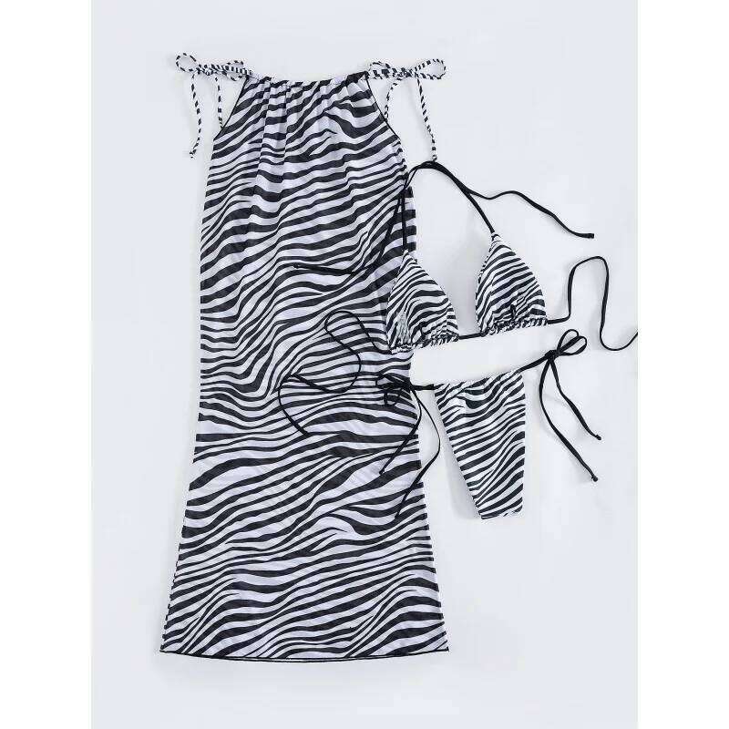 New Soft Bag Zebra Pattern Halter Neck Lace-up Sexy Elegant Party Bikini Three-piece Set Z260206