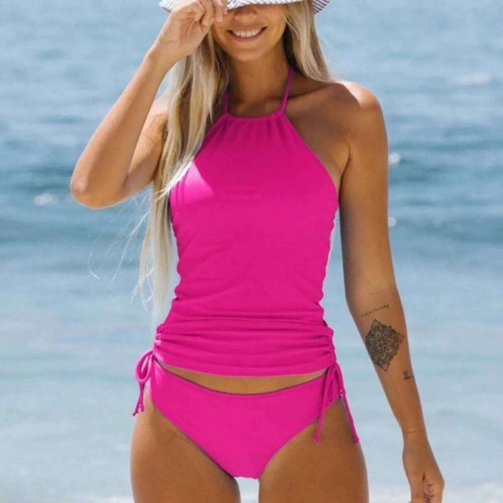 New Black Pink Red Green Tankini Sets Swimwear High Neck Women Two Pieces Swimsuit Summer Drawstring Sporty Bathing Suits Padded XJ260206