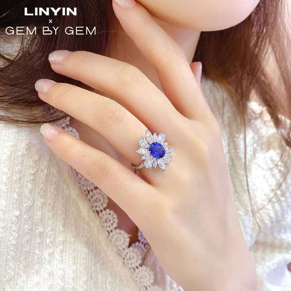 Fine Jewelry Factory 925 Silver Solid 18K White Gold Jewellery Engagement Natural Blue Sapphire Gemstone Diamond Ring