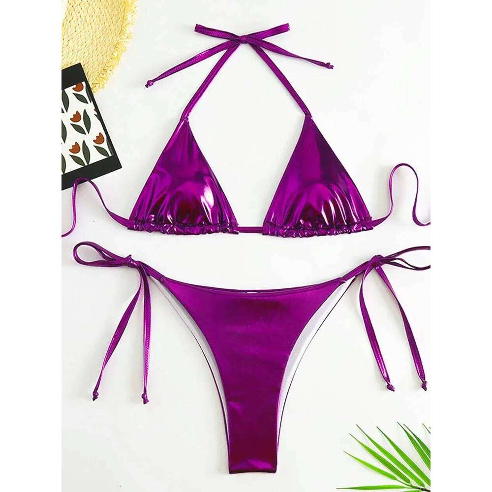Sexy Metallic Halter Bikinis Sets Lace Up Triangle Tie Side Bikini 2024 Swimsuit Women Swimwear Brazilian Female Bathing Suits Z260206