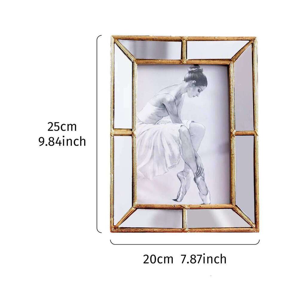 1PC, with a simple golden resin material frame and mirror glass inlaid decoration, suitable for photo display S260205