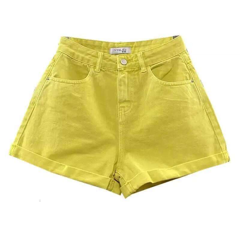 Summer Denim Shorts Women Lemon Yellow A-shaped Wide Leg Curled Jeans Hot Pants C260206