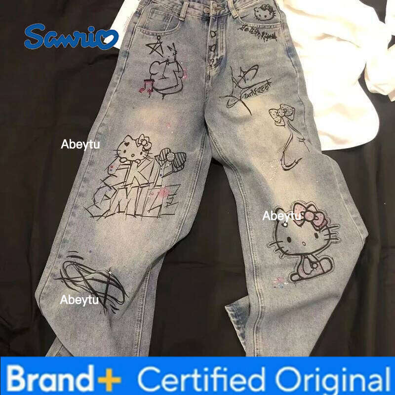 Sanrio Hello Kitty Kuromi Cartoon Pure Cotton Jeans Girl High Waist Fashion Leisure Graffiti Loose Retro Wide-Leg Pants Birthday Gift H260206