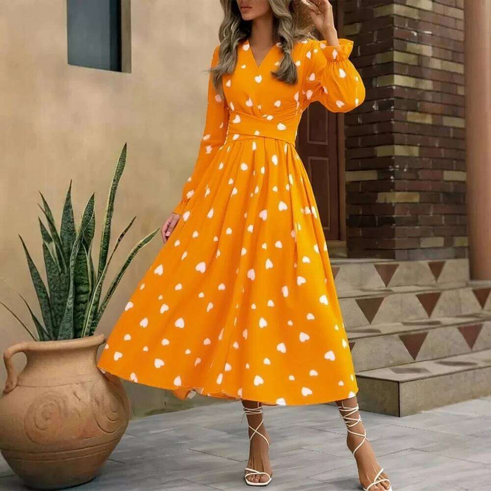 Yuoomuoo Romantic Heart Print Sleeve Women 2026 New French Fashion Slim Waist Bandage Long Dress Lady Party Vestidos