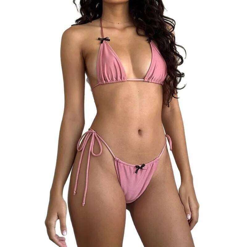 2024 Y2K Summer Bow Sexy Fashion Tie-up Two-piece Women's Solid Color Swimsuit Bikini Z260206
