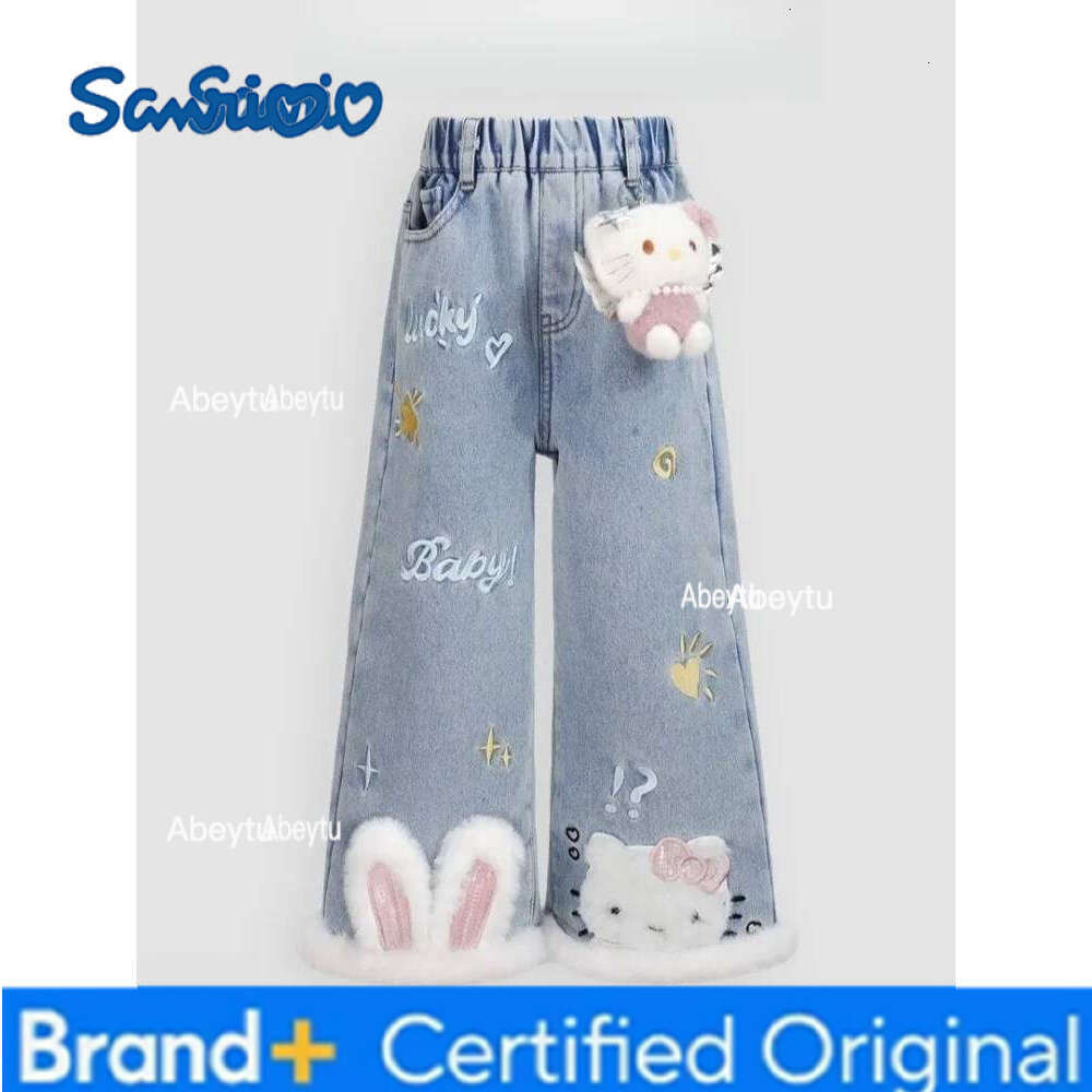 Sanrio Hello Kitty Girls Flared Jeans Fleece Lined Cartoon Pants 2025 New Fashion Casual Baby Kids Winter Trousers Cute Kawaii H260206