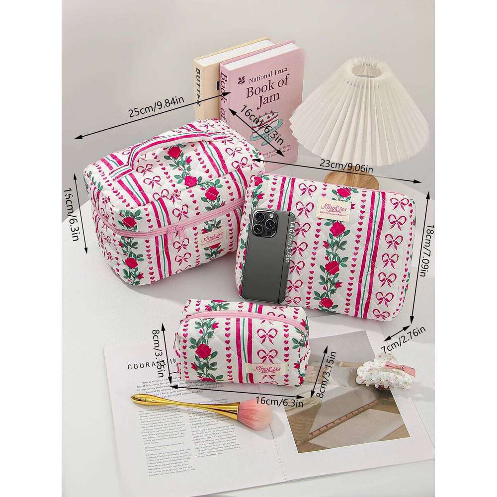 1/3PCS for Women Quilted Cotton Make Up Travel Cosmetic Large Set Cute Bow Makeup Bag Organizer Y260206