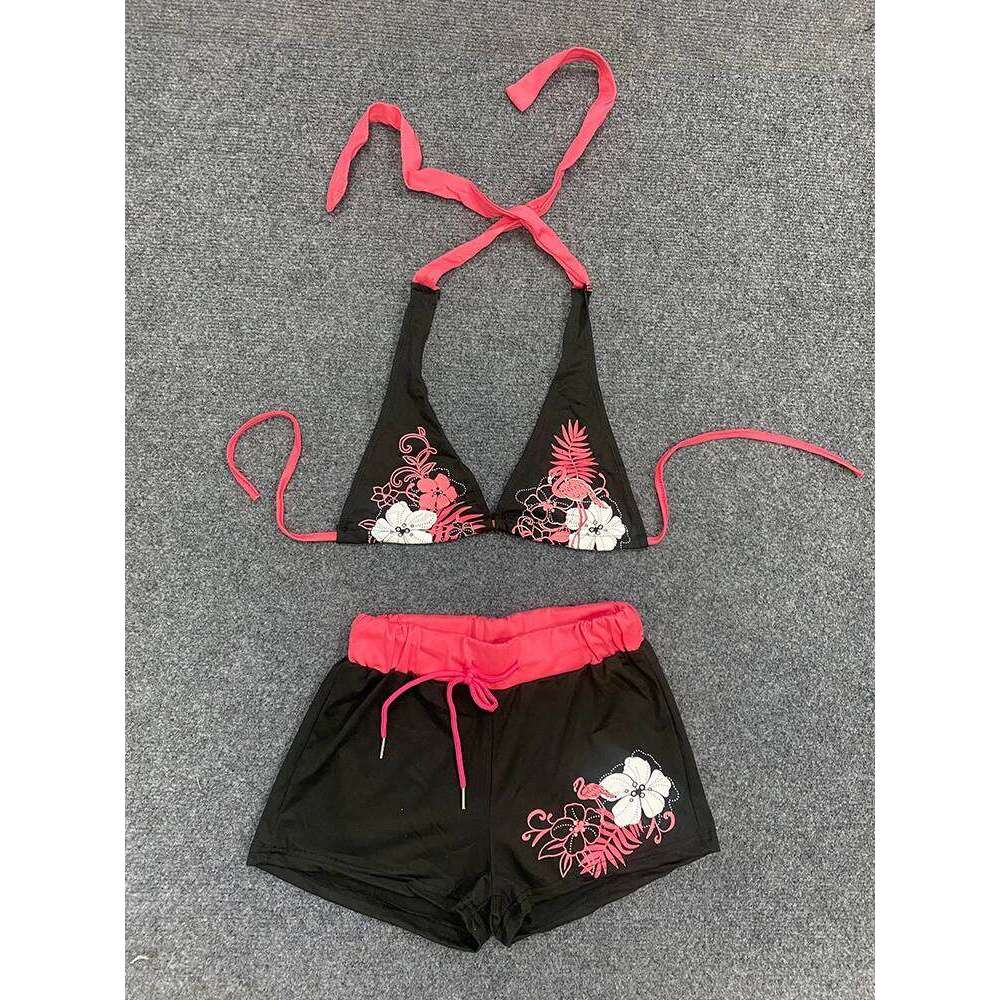 Summer Y2K Aesthetic Vintage Contrast Flower Print Suspender Bra Shorts Set Beach Fashion Hot Sexy Ladies Split Two Piece Bikini Z260206