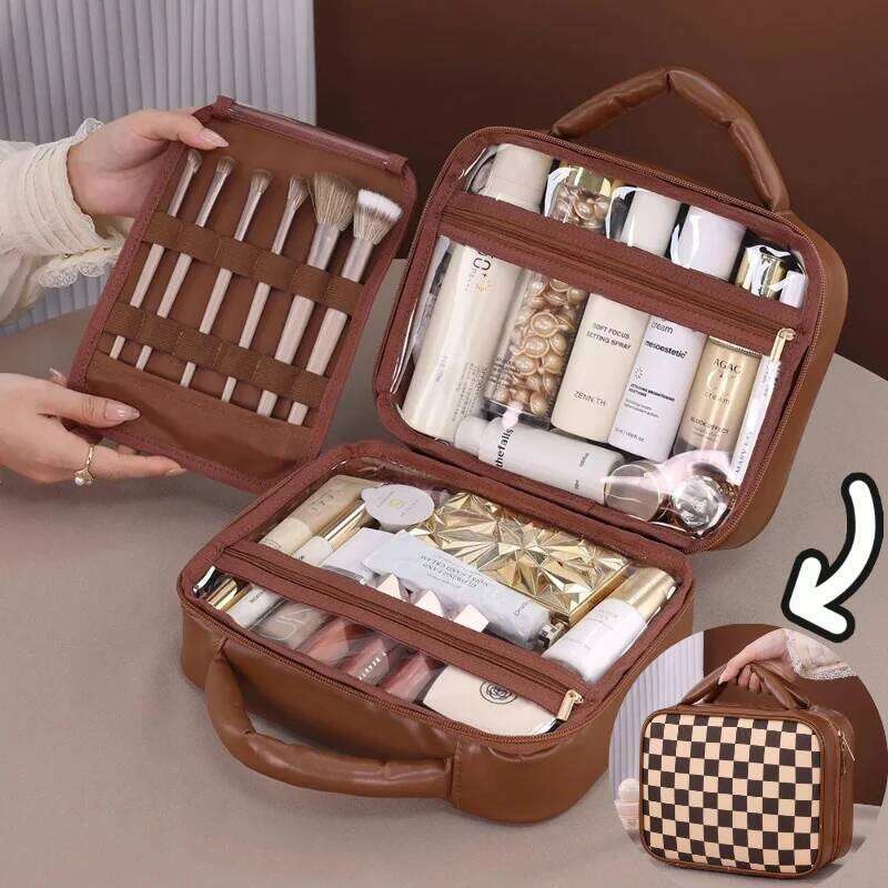 Checkered Cosmetic For Women Large Capacity Waterproof Makeup Toiletry Brown Melard Travel Wash Storage Bag Y260206