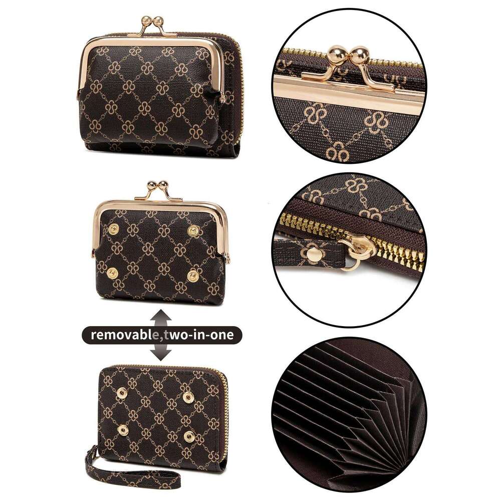 Women's Wallet Fashion Print Short Coin Purse Retro Multi-function Accordion Card Holder Money Clip with Wristband and Kiss Lock Y260206