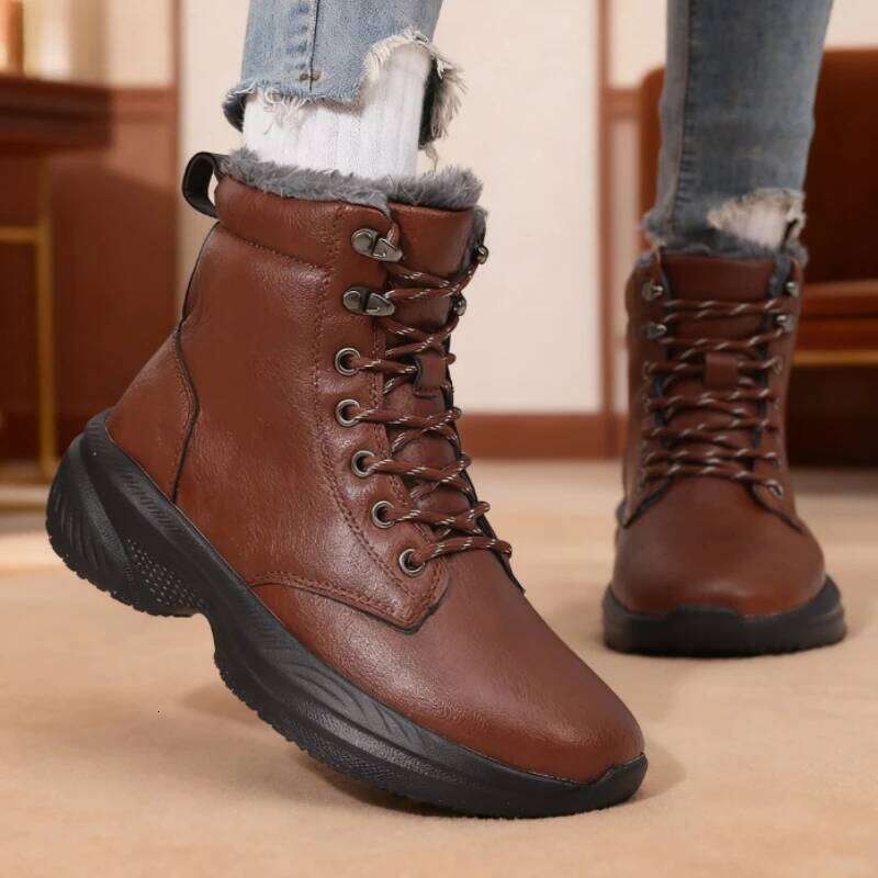 Women's Winter Snow Warm Fleece Lined Leather Ankle Non-Slip Platform Lace-Up Outdoor Hiking Boots for Cold Weather