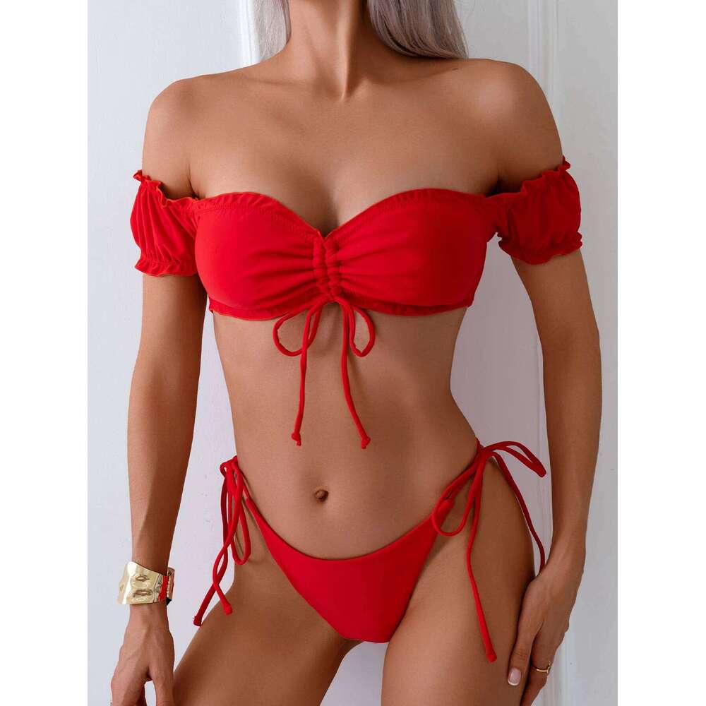 2025 Strapless String Bikini Set Red Swimsuit Women Solid Bandeau Swimwear Female Bathers Bathing Swimming Swim Suit Beachwear Z260206