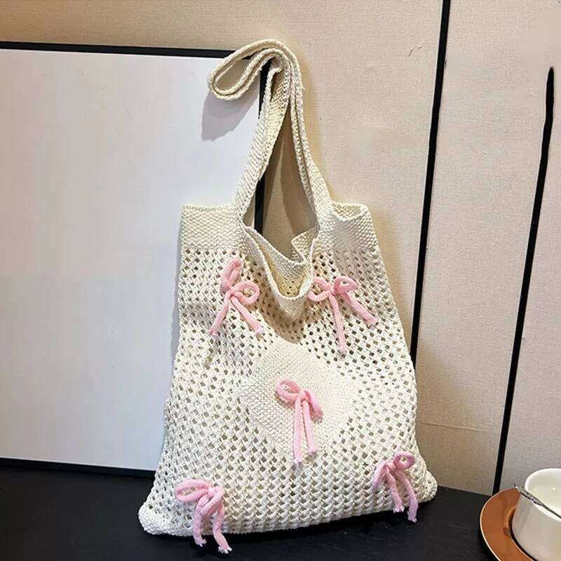 Preppy Style Crochet Tote with Butterfly Accents, Solid Color Polyester Shoulder Bag, Foldable Fashion Beach Bag Y260205