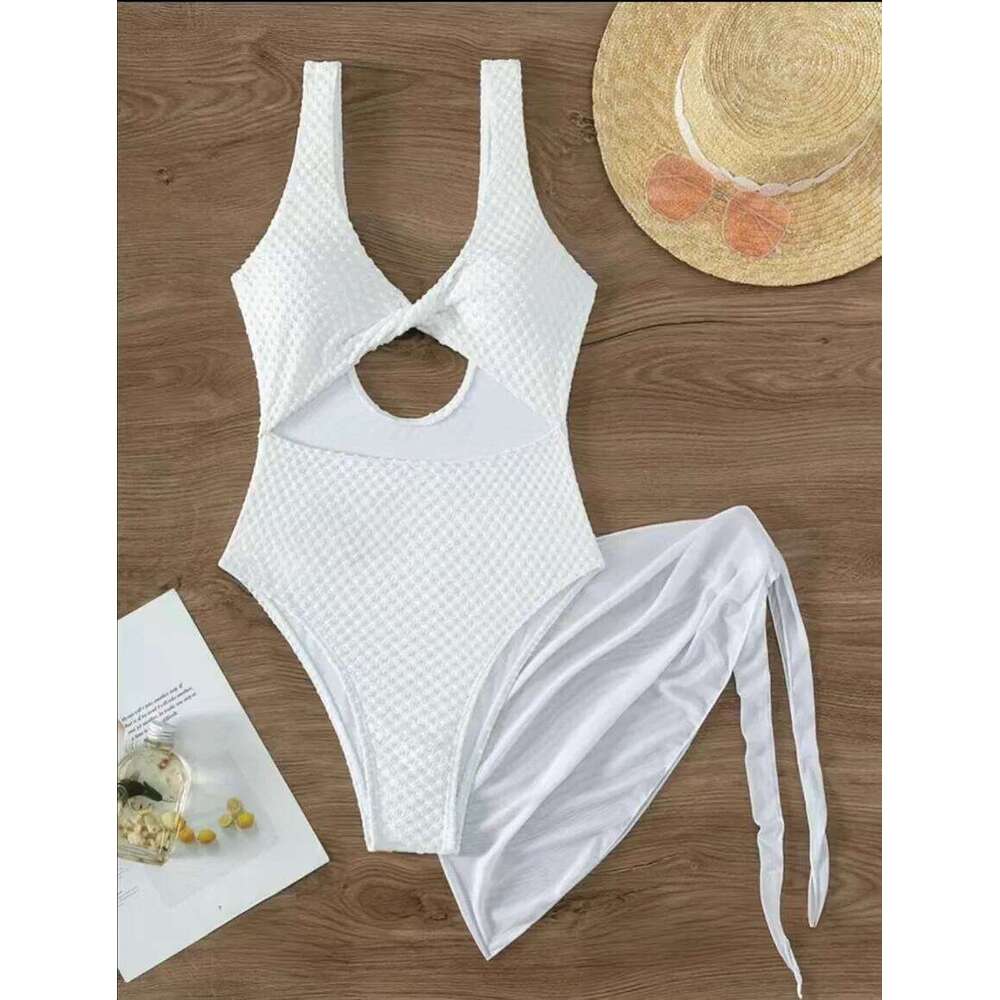 sexy white front knot hollow out swimsuits two pieces with mesh cover skirt bikinis bathing suit beach outfits biquini tankini XJ260206