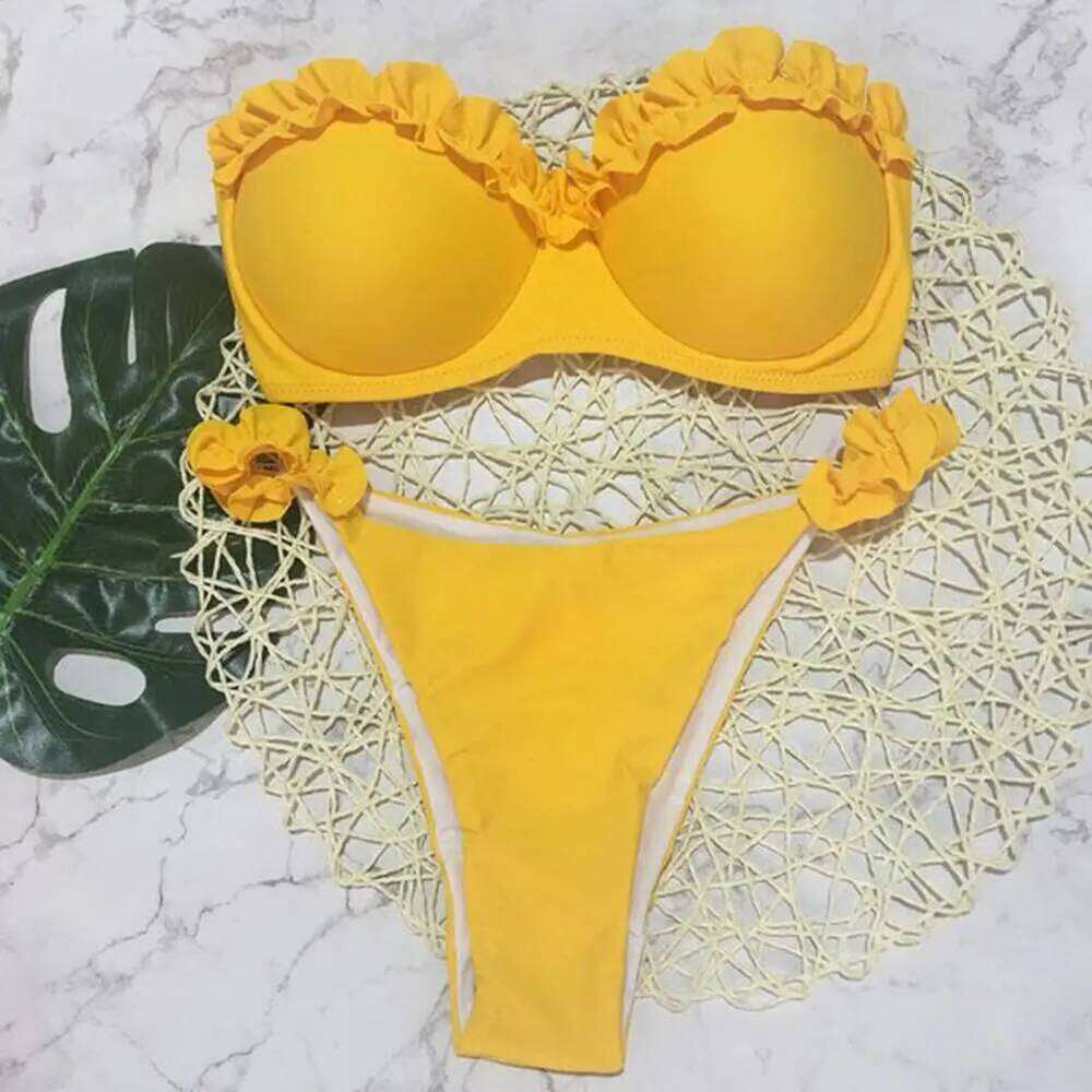Ruffle Trim Bandeau Bikini Set Push Up Bra Mid-rise Briefs Women's Summer Swimsuit with Split for Female Z260206