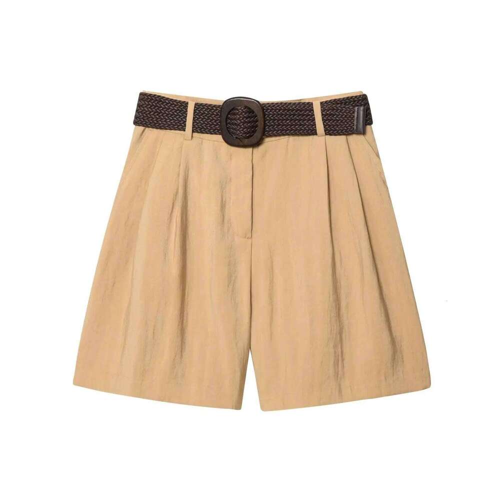 2025 new summer women's clothing casual fashion simple loose retro French design pleated with belt wide leg shorts XJ260206