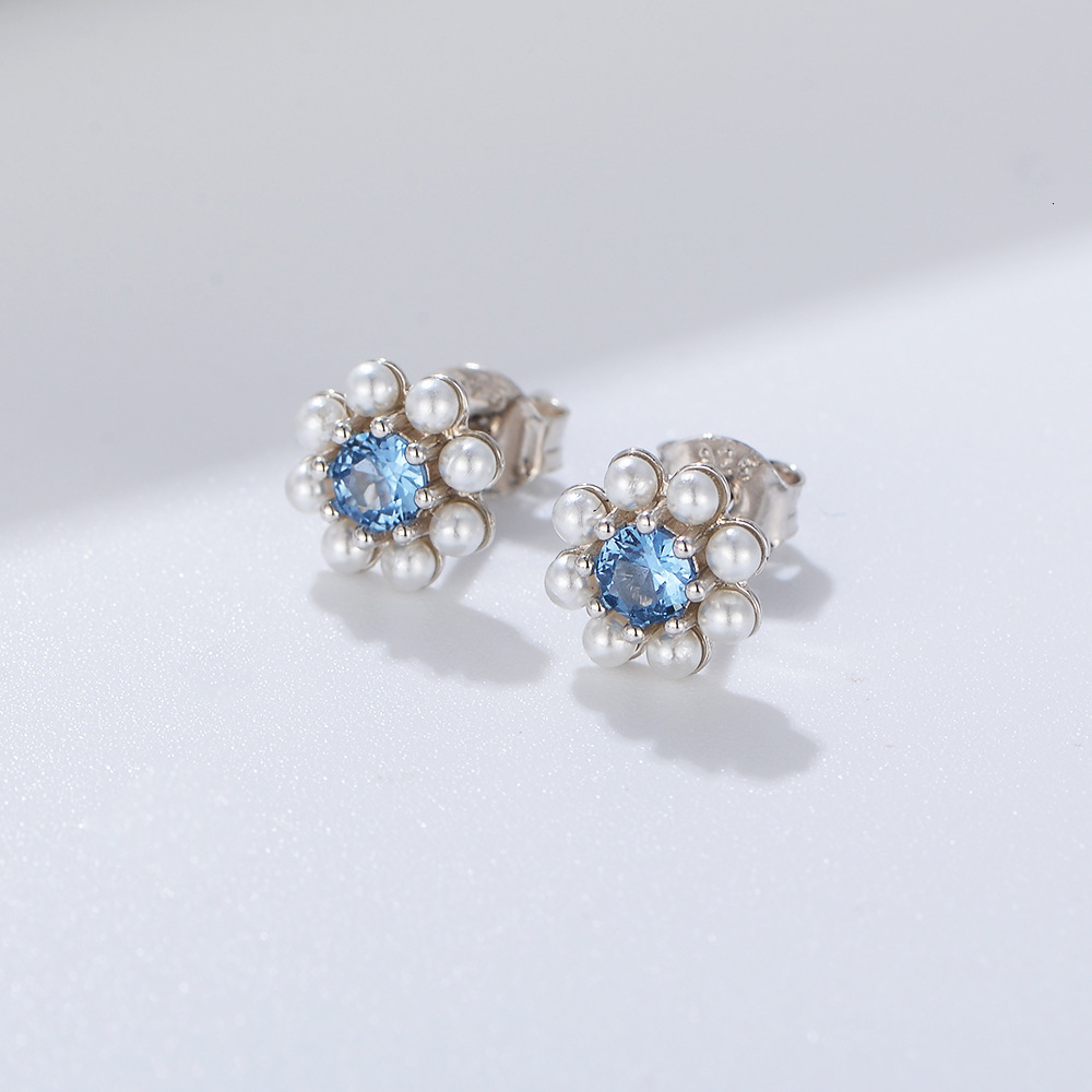 Blue zircon pearl sterling silver, high-end floral design, ins light luxury style earrings, silver jewelry