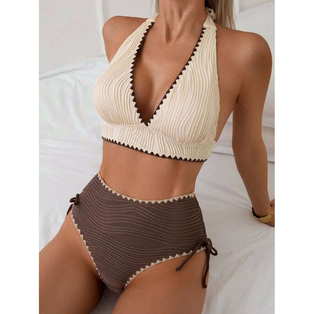 Sexy Khaki Patchwork Two Piece Bikini Set 2026 Women Push Up Drawstring Side High Waist Swimsuit Holiday Bathing Suit Swimwear Z260206