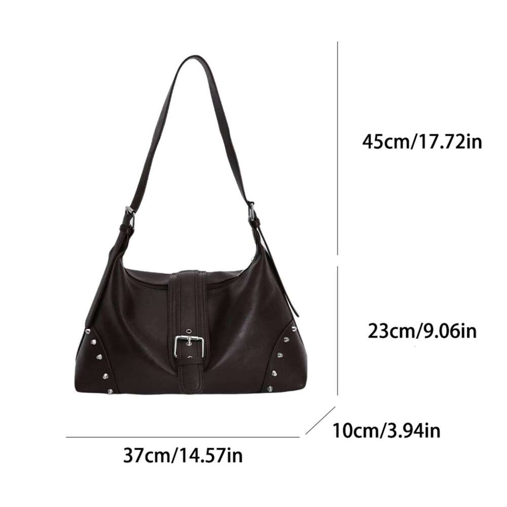 Retro Motocycle Shoulder Rivet Crescent Hobo PU Top-Handle Tote Bag with Belt Buckle for Women Work Travel Daily Use Y260205