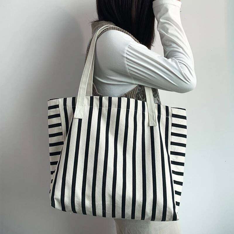 New Beach Fashion Women Canvas Summer Large Capacity Striped Bag Tote Handbag Shopping Shoulder Bags Y260205