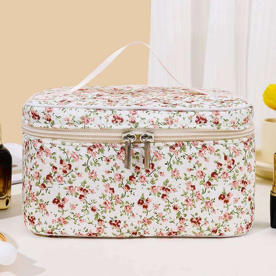 Women's Fashion Floral Square Makeup Storage Portable Toiletry Cosmetic Pouch Handbag With Handle Ladies Zipper Clutch Bag Y260206