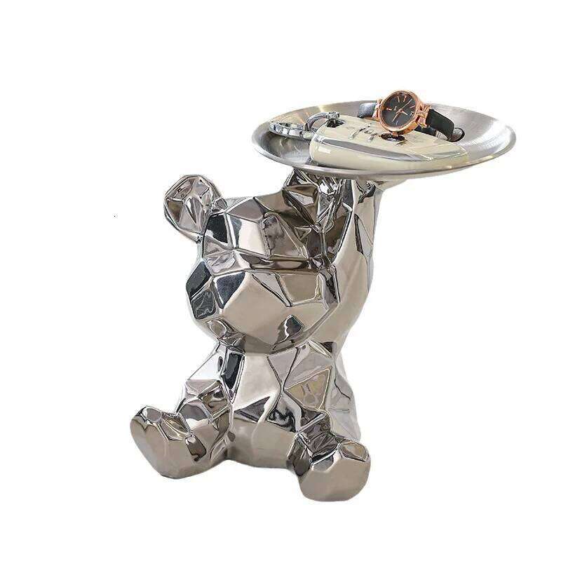 1 piece abstract ceramic electroplated bear with keys, cosmetic storage tray, and piggy bank bookshelf statue decoration. S260204