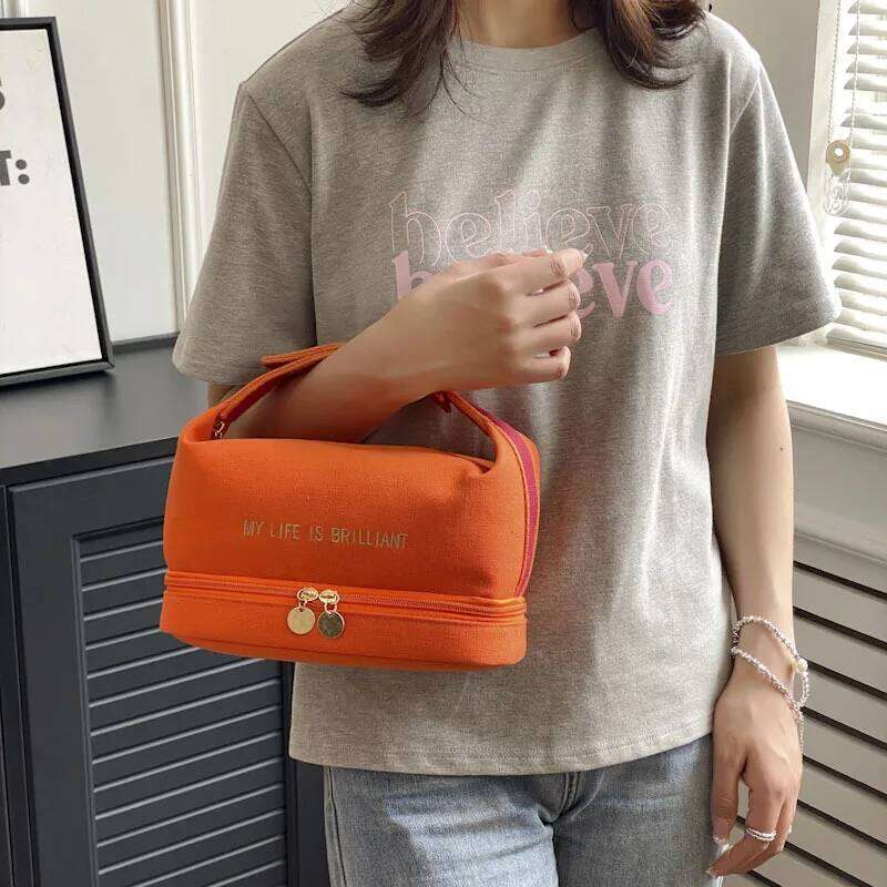 Ins Double Layer Waterproof Cosmetic Fashion Women Large Capacity Portable Canvas Travel Organizer Makeup Storage Tote Bag Y260206