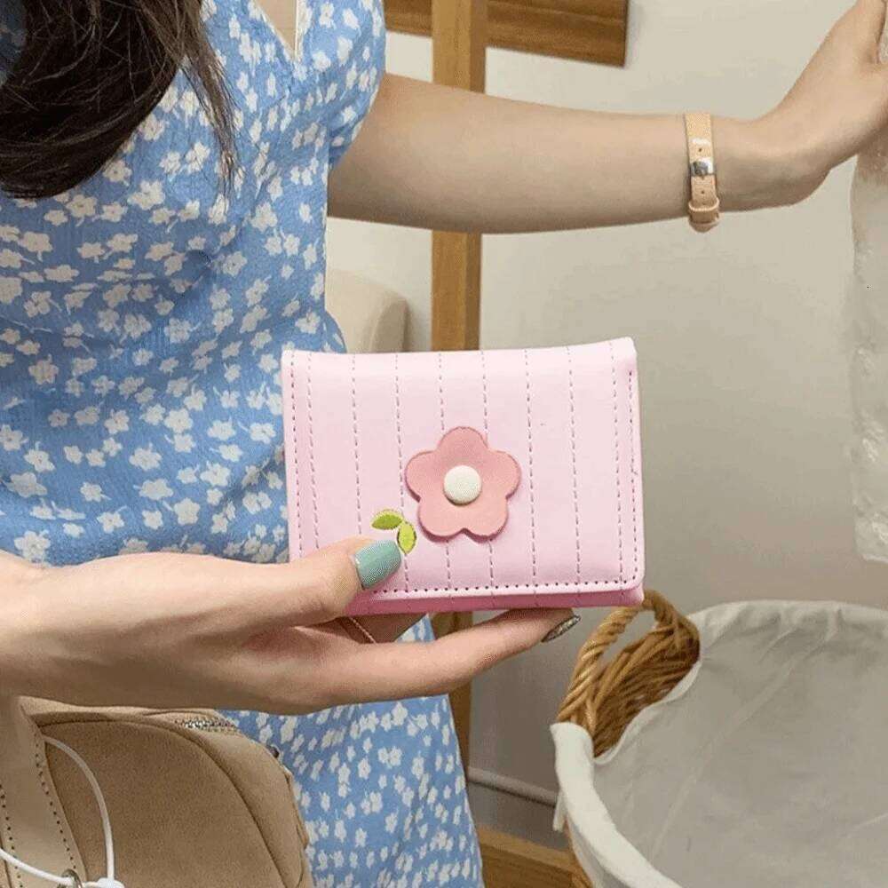 Korean Style PU Leather Short Wallet Flower Fresh Candy Color Coin Purse Card Bag Ladies Y260206