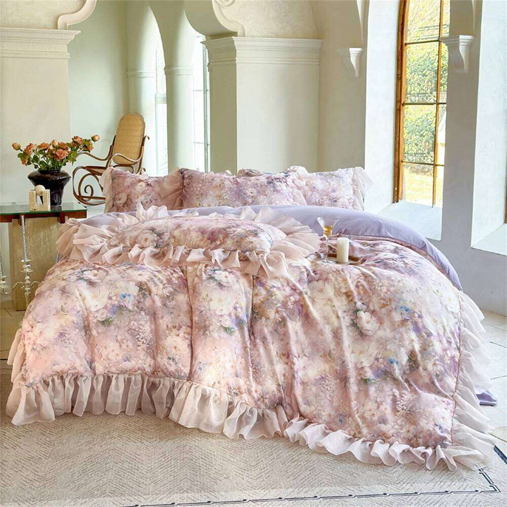 Pink Flower Bedding Soft Bedroom Decor Comforter Ruffles Duvet Cover Pillowcase Bed Sheet Luxury Home Four Pieces Set XJ260206