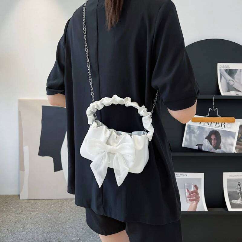Fashion Tote bag Retro Handbags for Women Girl's Sweet Bow Single Shoulder Chain Crossbody Bag Fold Purses and Handbag Y260205