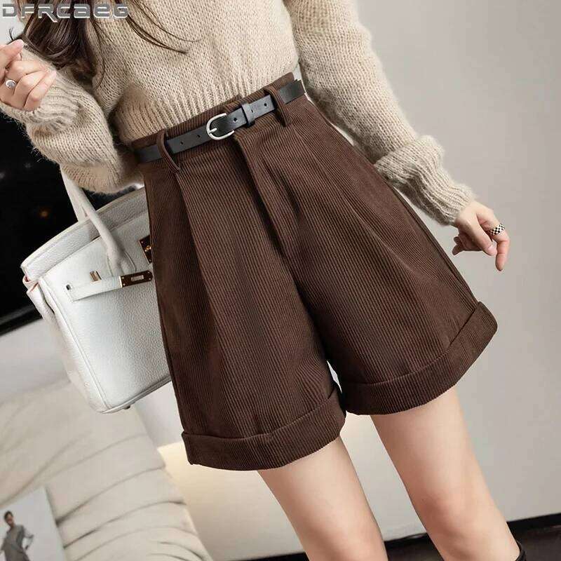 Streetwear Winter Corduroy Women Casual Loose Wide Leg Woolen Shorts With Belt High Waist Short Femme Black Khaki Brown XJ260206