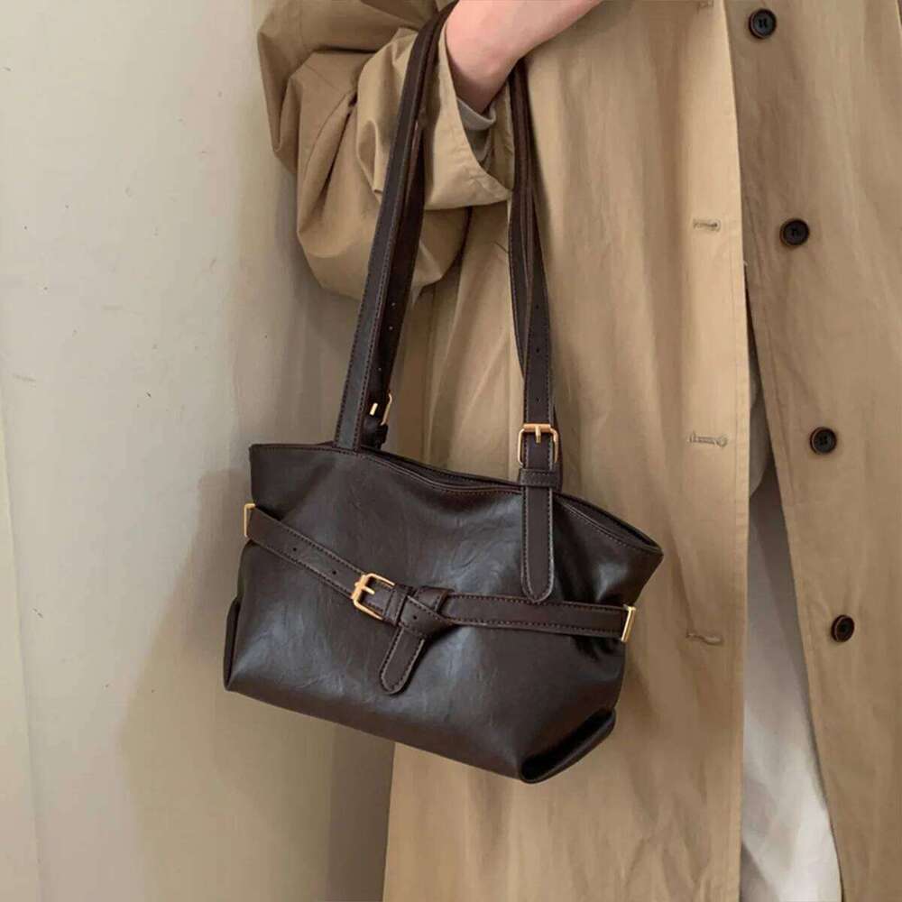 Minimalist Vintage Glossy Tote Belt Detail Large Capacity Zipper PU Water Resistant Shoulder Bag for Daily Commute Shopping Y260205