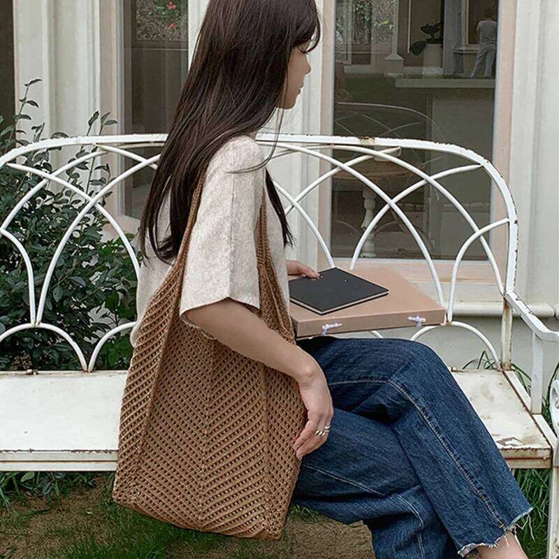 Women Crochet Tote Candy Fashion Knitted Large Capacity Woven Shoulder Bags Solid Color Simple Shopping Bag for Summer Beach Y260204