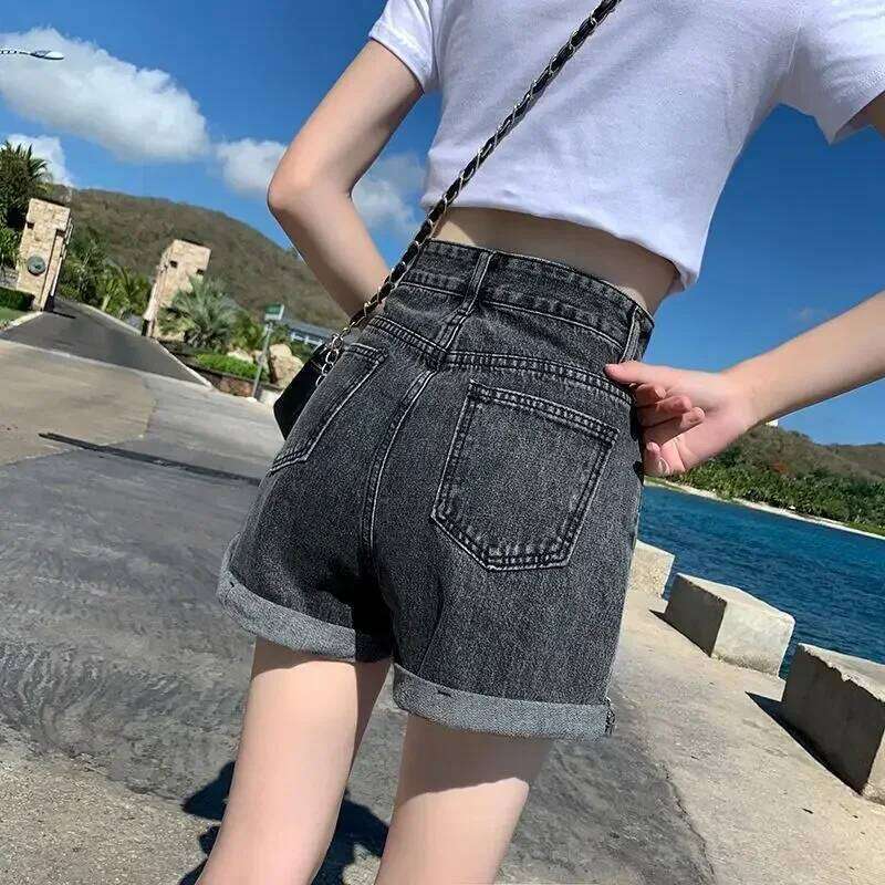 Black Gray Denim Shorts For Women Summer High Waist Loose Ropa Mujer XJ260206