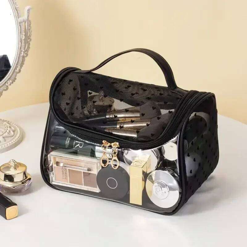 Clear Mesh Design Travel Bag Large Capacity Cosmetic Organizer with Handle Nylon Makeup Pouch Available Y260206