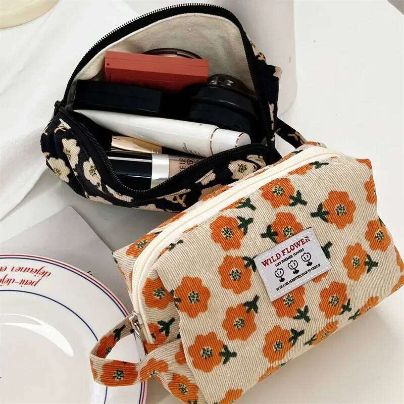 Corduroy Makeup Bags for Women Floral Print Cosmetic Pencil Travel Toiletry Storage Bag Organizer Beauty Case Y260206