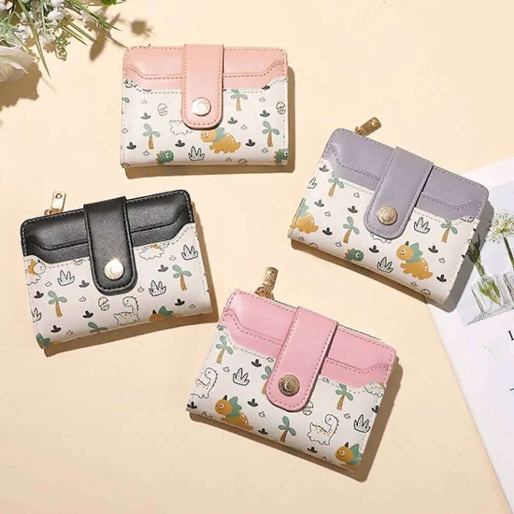 New PU Leather Mini Wallet Dinosaur Short Card Holder Zipper Coin Purse Women Girls Y260206