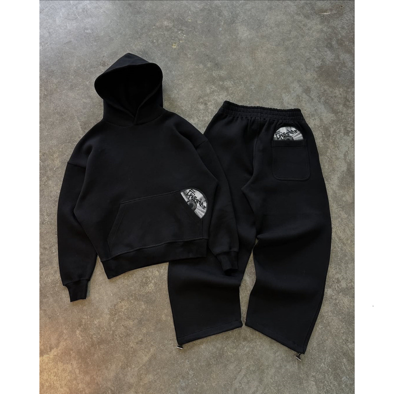 American Street Style Personality CD Pattern Pocket Design Hoodie and Sweatpants Set Y2K Trend 241031