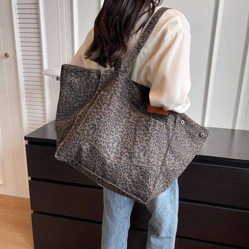 Leopard Pattern Tote Vintage Canvas Shoulder Bag Fashion Big Capacity Handbag For School Work Shopping Y260204