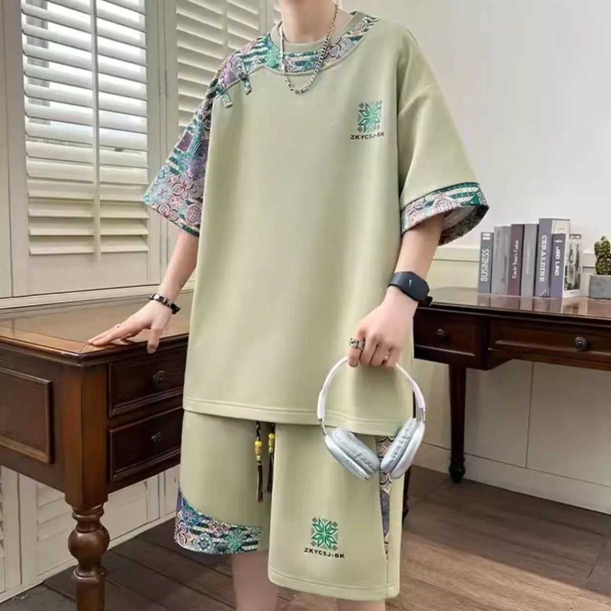 Summer New Fashion Trend Print Comfortable Breathable Short Slve Shorts Mens t shirt Casual Loose Sports Plus Size Two-Piece Set C260207